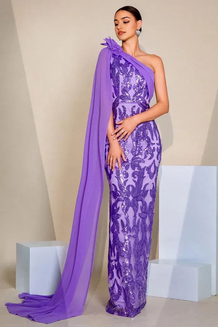 Vestido Weitese morado brillante de un hombro, estilo sirena, con lentejuelas, para fiesta, capa, sin mangas, con brillo y brillo.